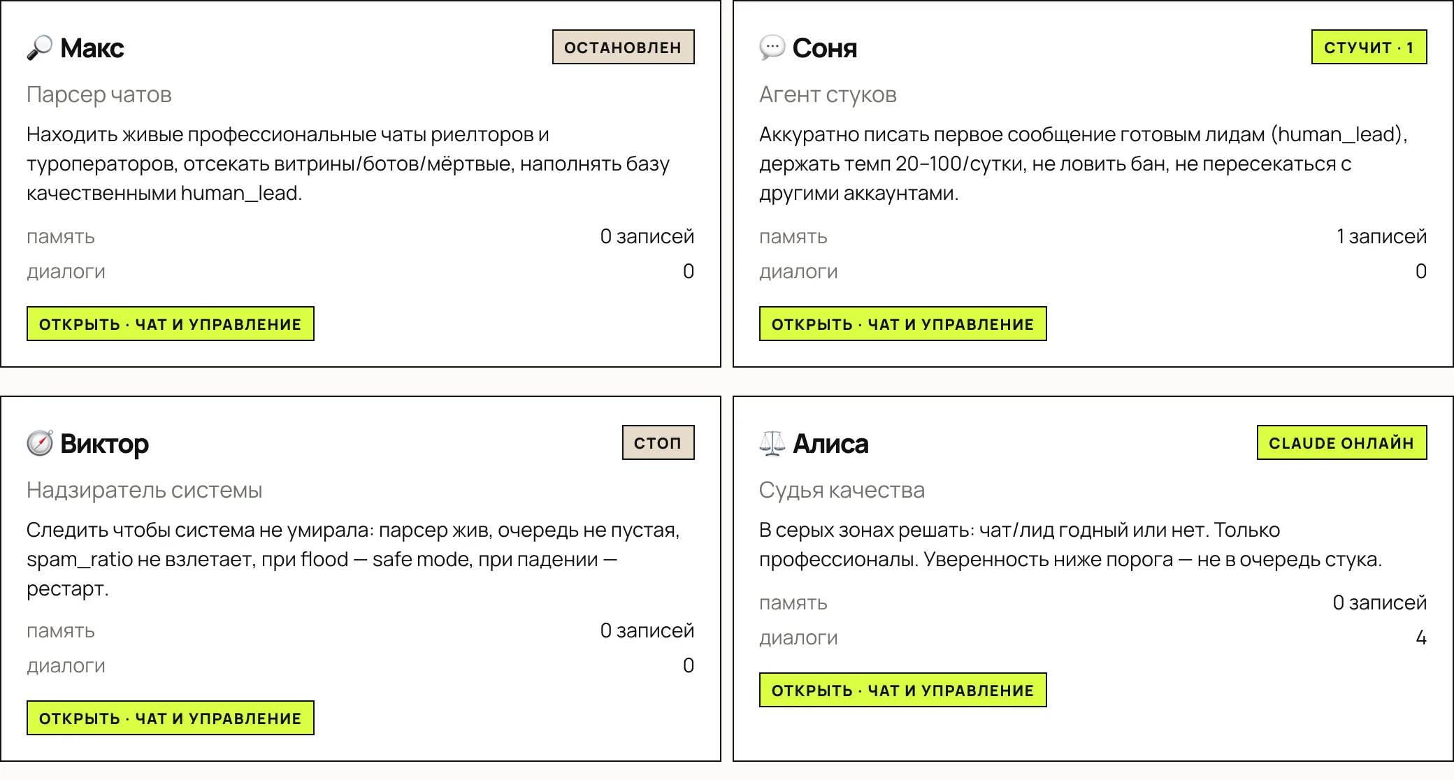 Раздел «ИИ-агенты» в панели Sonya LeadPars